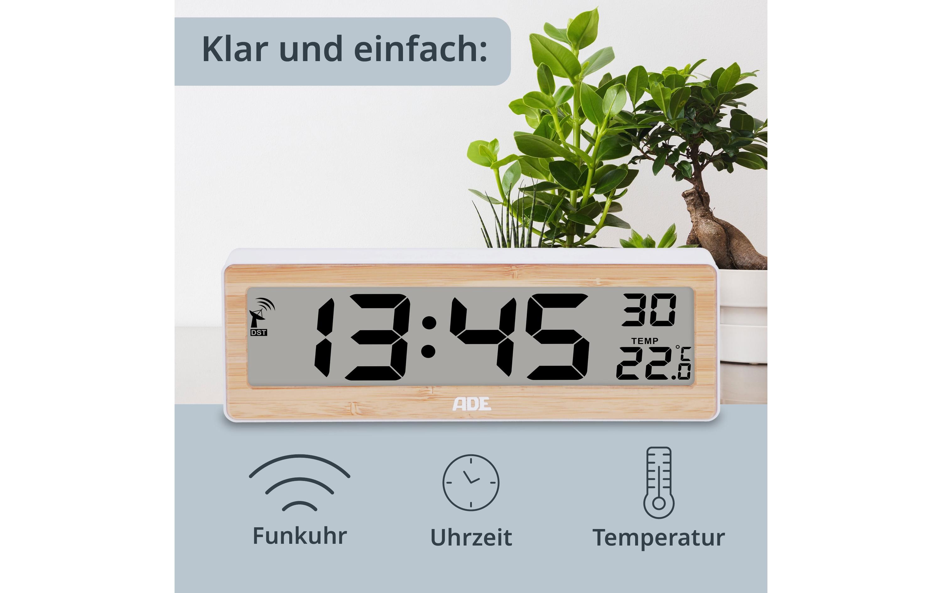 ADE Funkuhr DCF mit XXL-Ziffern digital Bambus-Weiss
