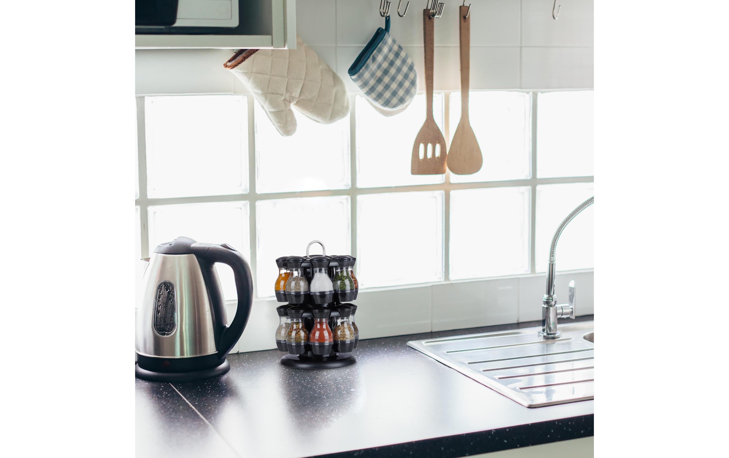 relaxdays Gewürzkarussell 16er Set Schwarz/Transparent