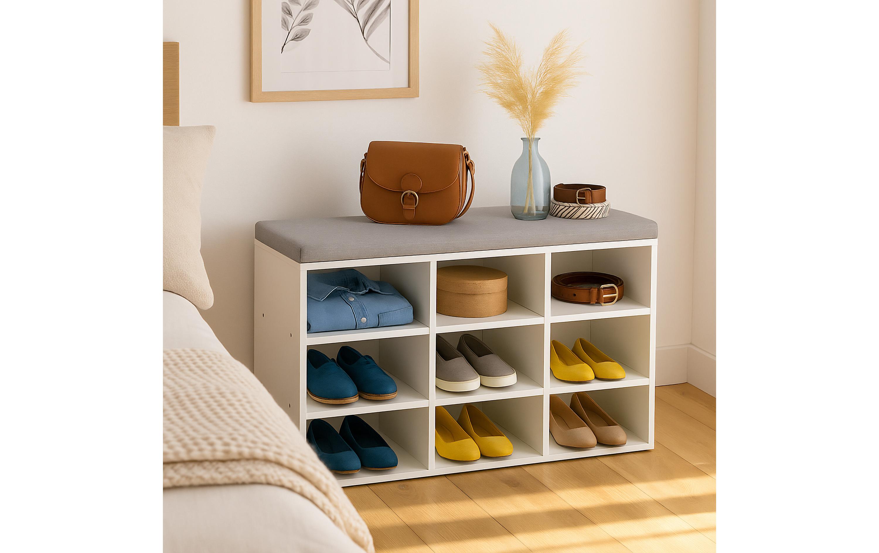 relaxdays Schuhbank mit Sitzfläche mit 9 Fächern, Grau/Weiss