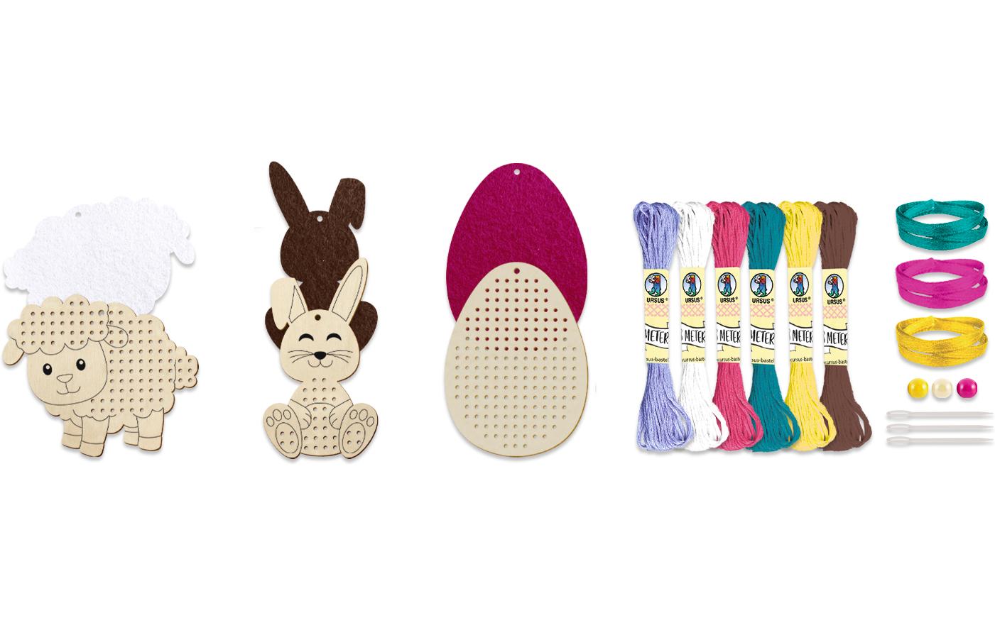 URSUS Bastelset Kreuzstich-Holzanhänger Ostern 3 Stück, Mehrfarbig