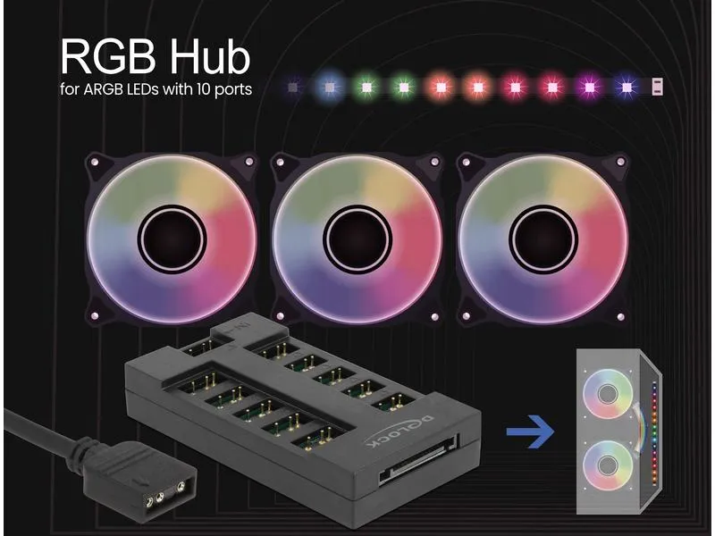 Delock RGB Hub für ARGB LEDs mit 10 Ports Delock RGB Hub für ARGB LEDs mit 10 Ports