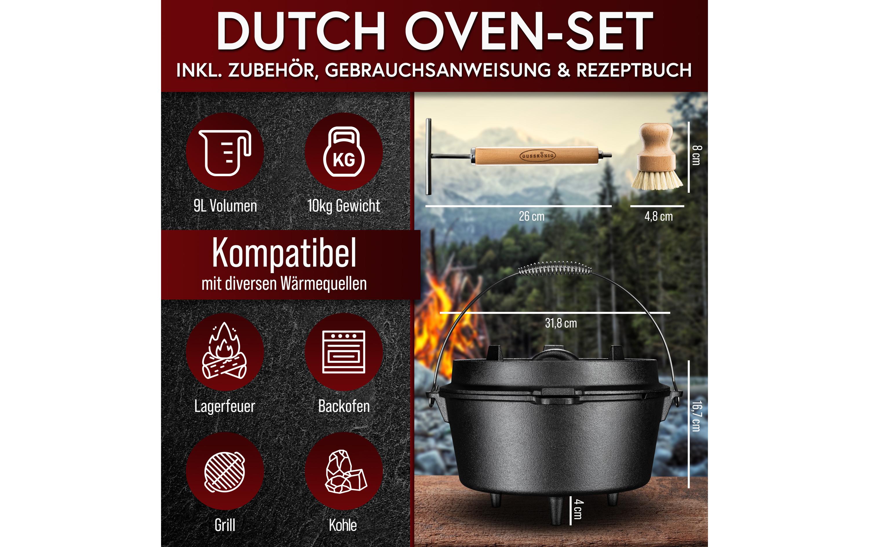 Gusskoenig Dutch Oven Set 9 l mit Deckelheber, Bürste