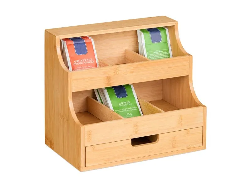 relaxdays Teebeutel-Box mit Schublade 9 Fächer