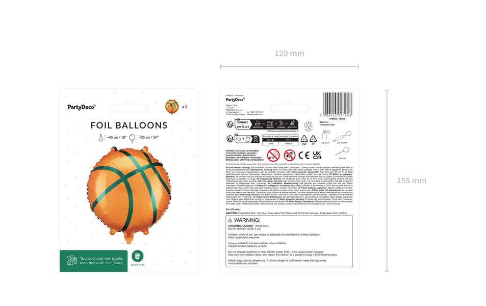 Partydeco Folienballon Basketball, Braun, 35 x 35 cm, 1 Stück