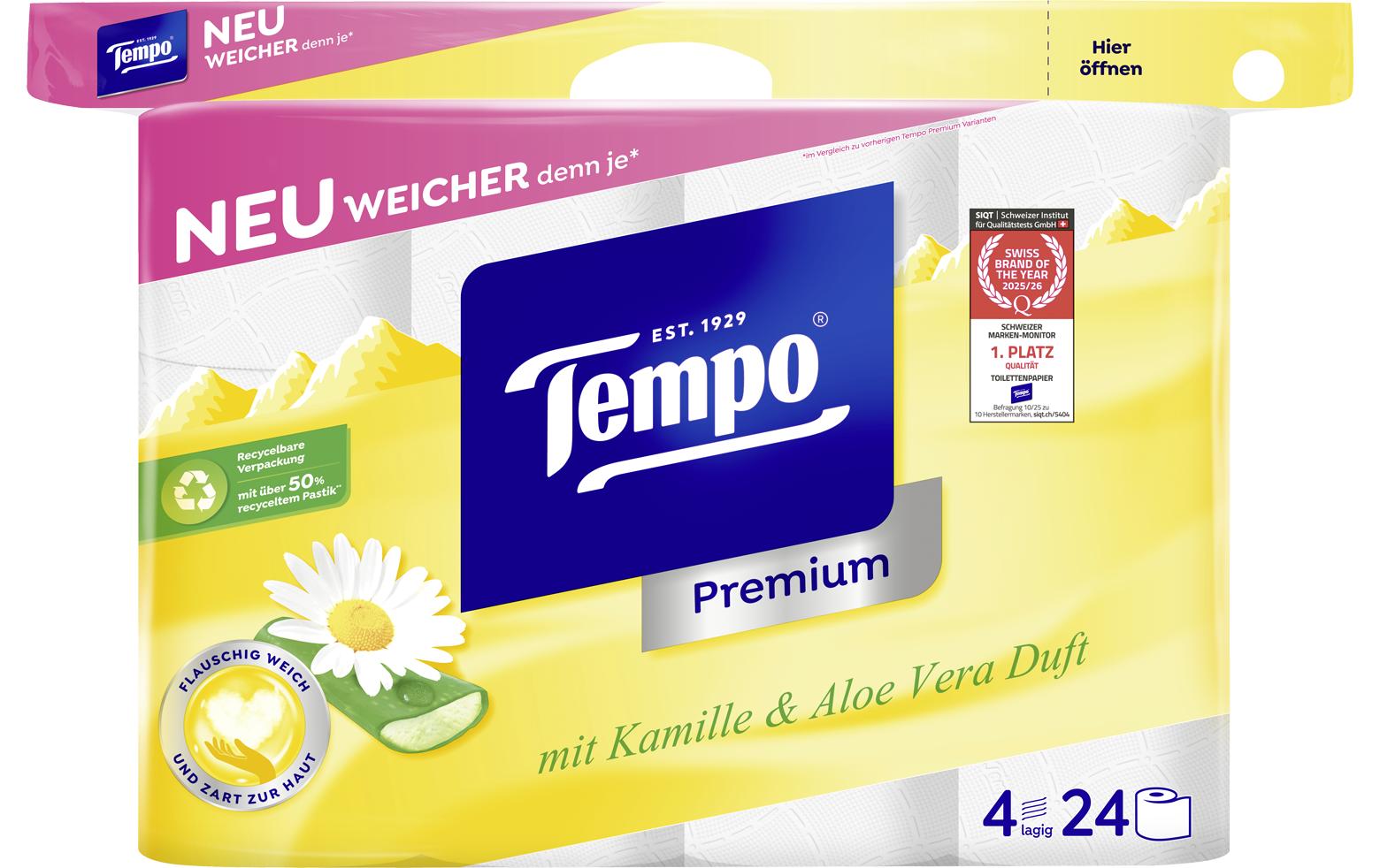 Tempo Toilettenpapier Premium Kamille Rollen, 4-lagig, Weiss