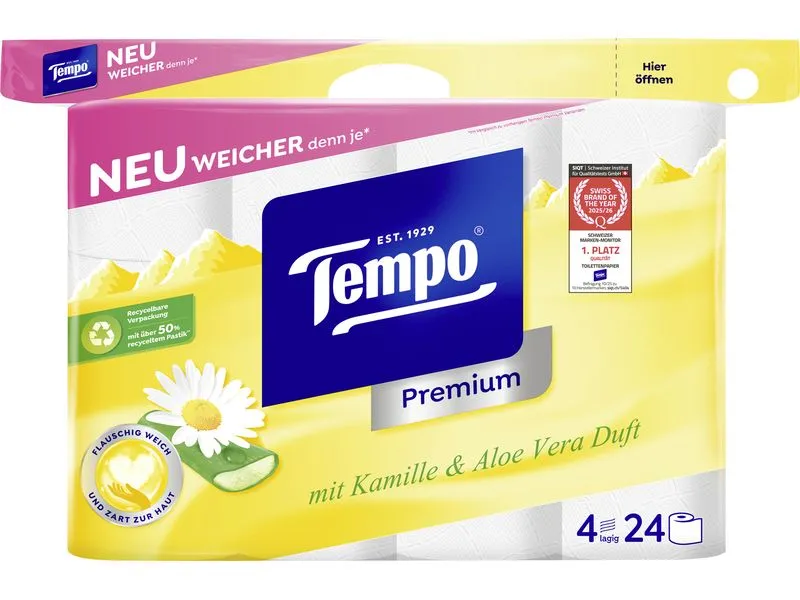 Tempo Toilettenpapier Premium Kamille Rollen, 4-lagig, Weiss