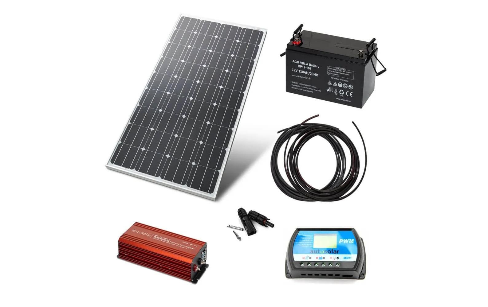 autosolar Inselanlage 100 W mit Wechselrichter und 110 Ah Batterie