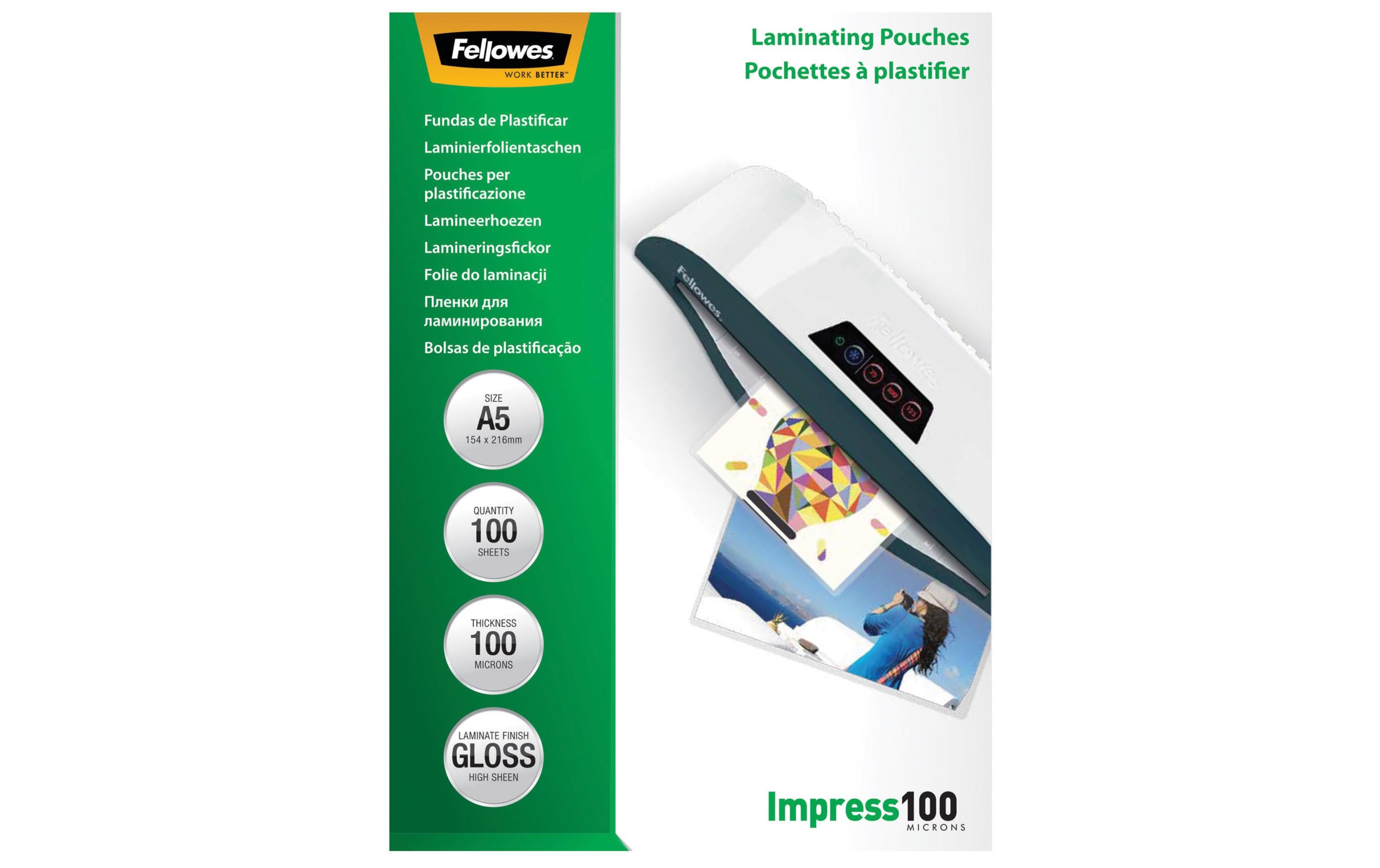 Fellowes Laminierfolie A5, 100 µm, 100 Stück, Glänzend Fellowes Laminierfolie A5, 100 µm, 100 Stück, Glänzend