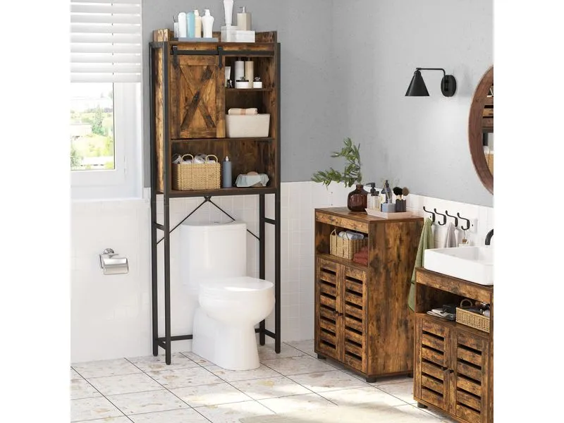 VASAGLE Badezimmerregal mit Schrank 64 x 24 x 171 cm, Braun/Schwarz VASAGLE Badezimmerregal mit Schrank 64 x 24 x 171 cm, Braun/Schwarz
