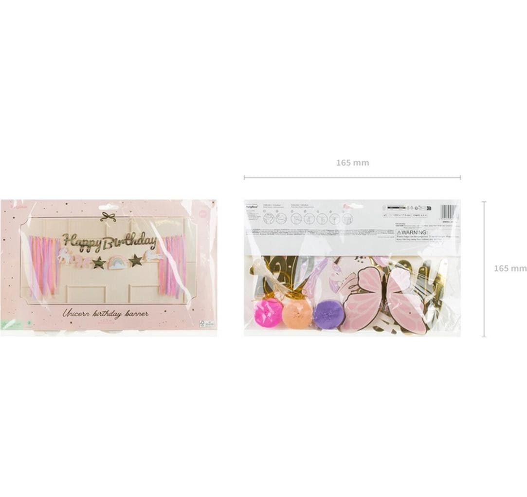Partydeco Girlande Happy Birthday Einhörner, Rosa/Gold, 230 x 17.5 cm