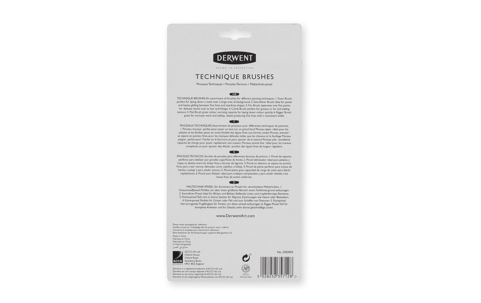 Derwent Technique Pinselset für verschiedene Techniken, 6-teilig