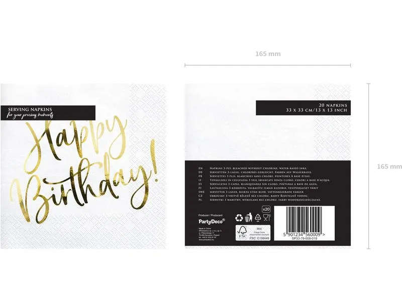 Partydeco Papierservietten Happy Birthday 33 cm x 33 cm, 20 Stück