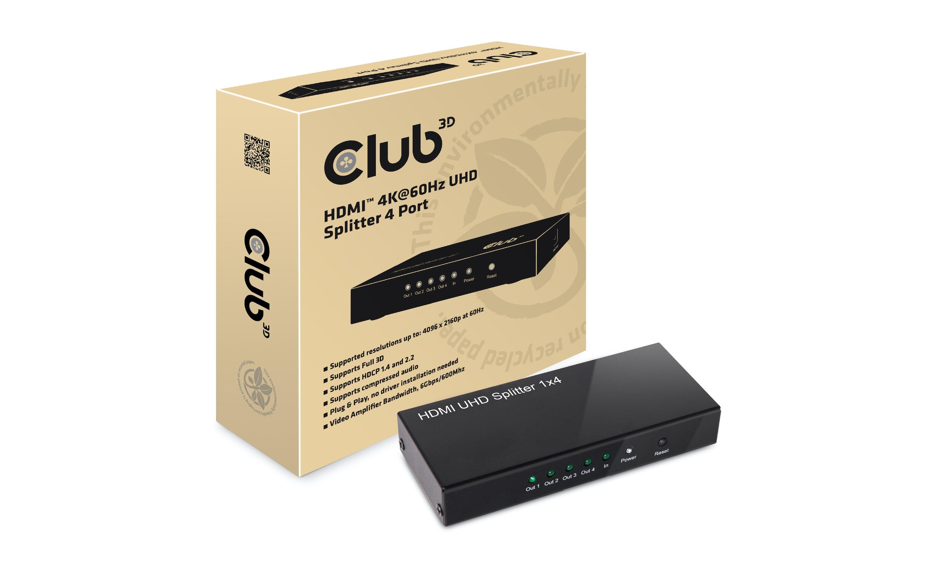 Club 3D 4-Port Signalsplitter HDMI 2.0 UHD Splitter 4 Port Club 3D 4-Port Signalsplitter HDMI 2.0 UHD Splitter 4 Port