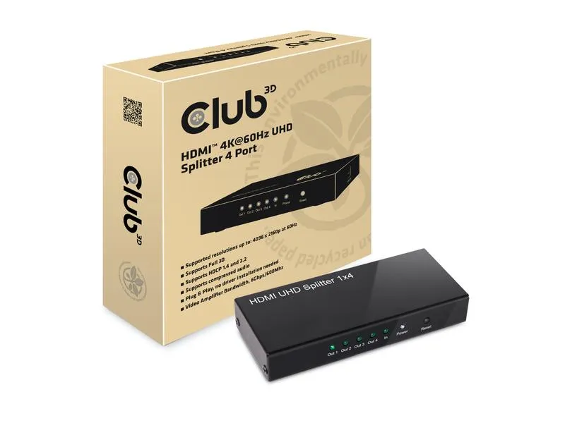 Club 3D 4-Port Signalsplitter HDMI 2.0 UHD Splitter 4 Port Club 3D 4-Port Signalsplitter HDMI 2.0 UHD Splitter 4 Port