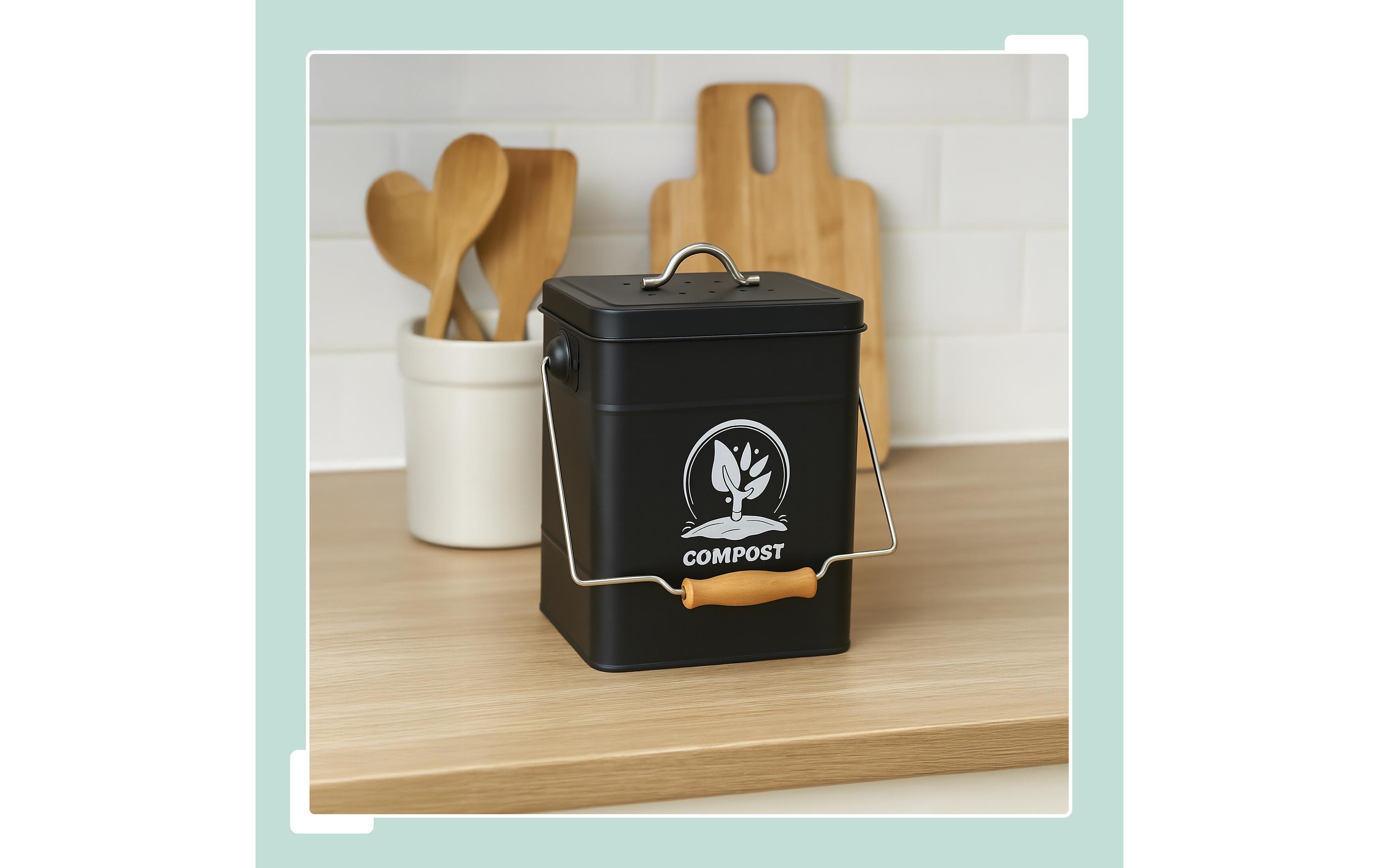 relaxdays Komposteimer mit Geruchsfilter, 6 l, Schwarz/Silber