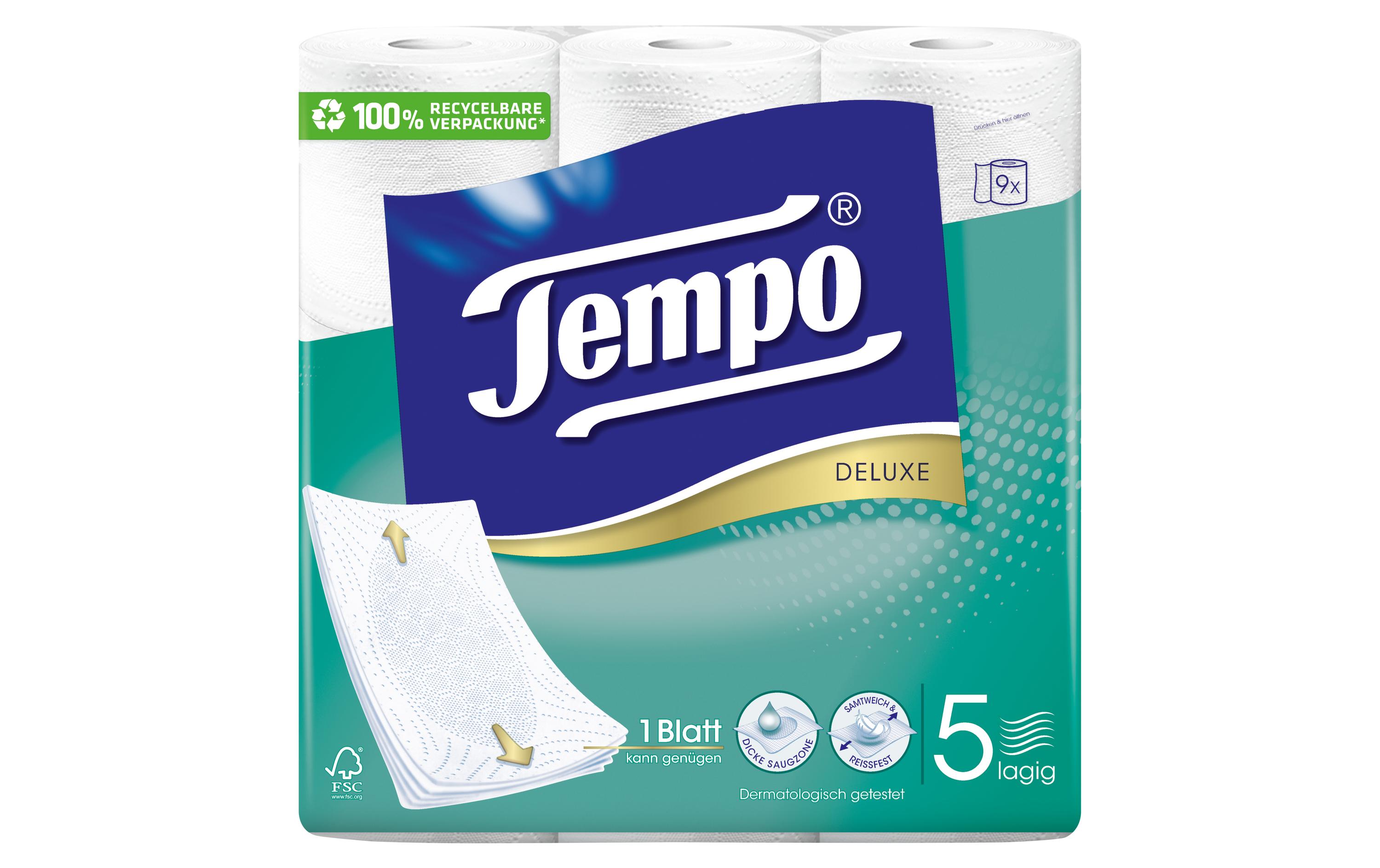 Tempo Toilettenpapier Deluxe 9 Rollen, 5-lagig, Weiss