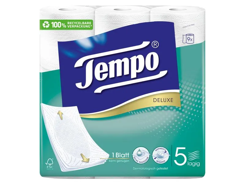 Tempo Toilettenpapier Deluxe 9 Rollen, 5-lagig, Weiss Tempo Toilettenpapier Deluxe 9 Rollen, 5-lagig, Weiss
