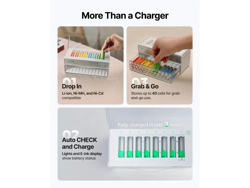 Linogy Ladegerät AA AAA Ladegerät 8-Fach, mit Batterietester, Weiss