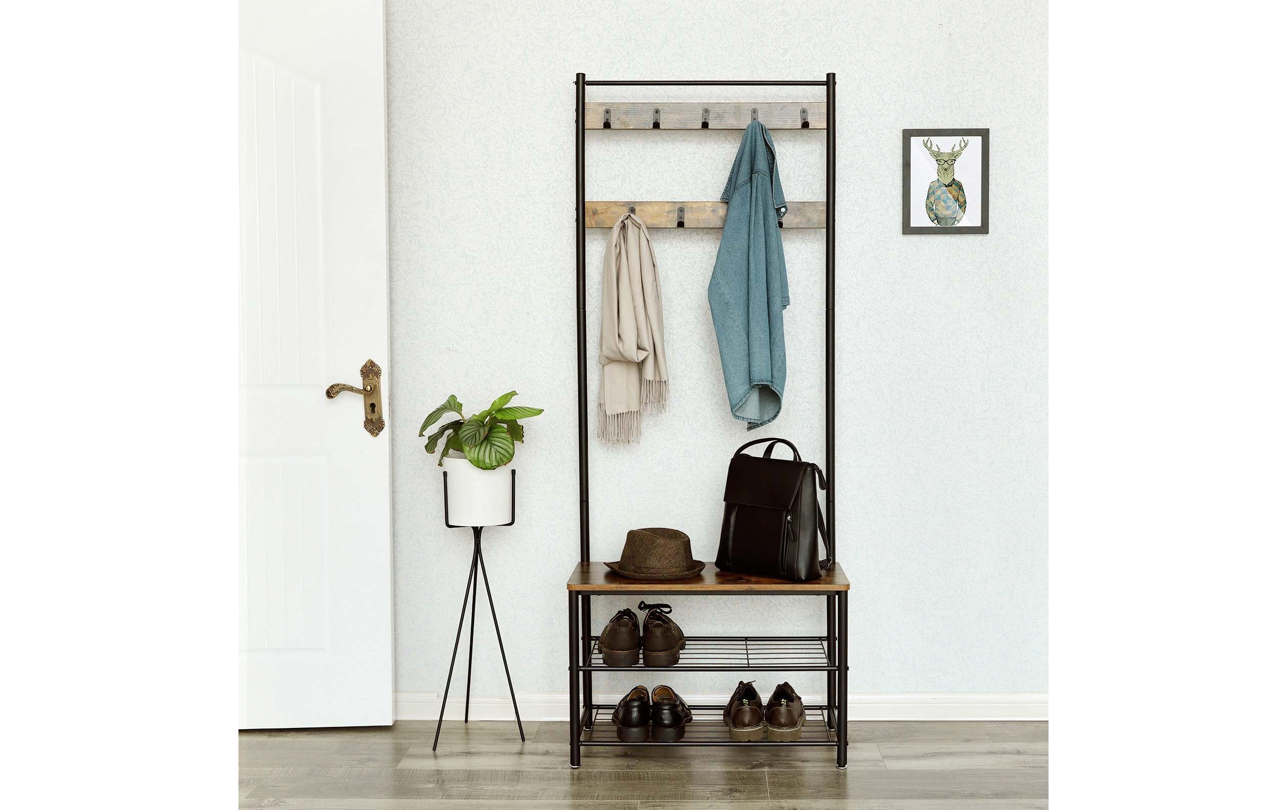 VASAGLE Garderobenständer mit Schuhablagen 175 cm, Braun/Schwarz