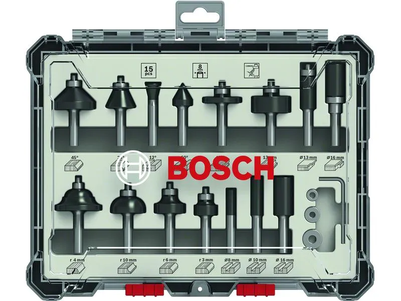 Bosch Professional Fräserset 8-mm-Schaft 15-teilig Bosch Professional Fräserset 8-mm-Schaft 15-teilig