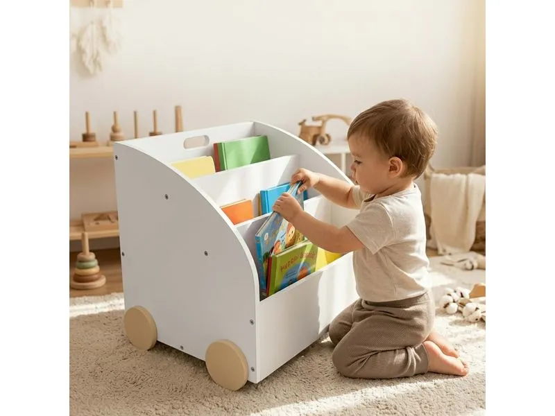 relaxdays Kinderregal MDF Weiss Natur mit Rollen und Geheimfach