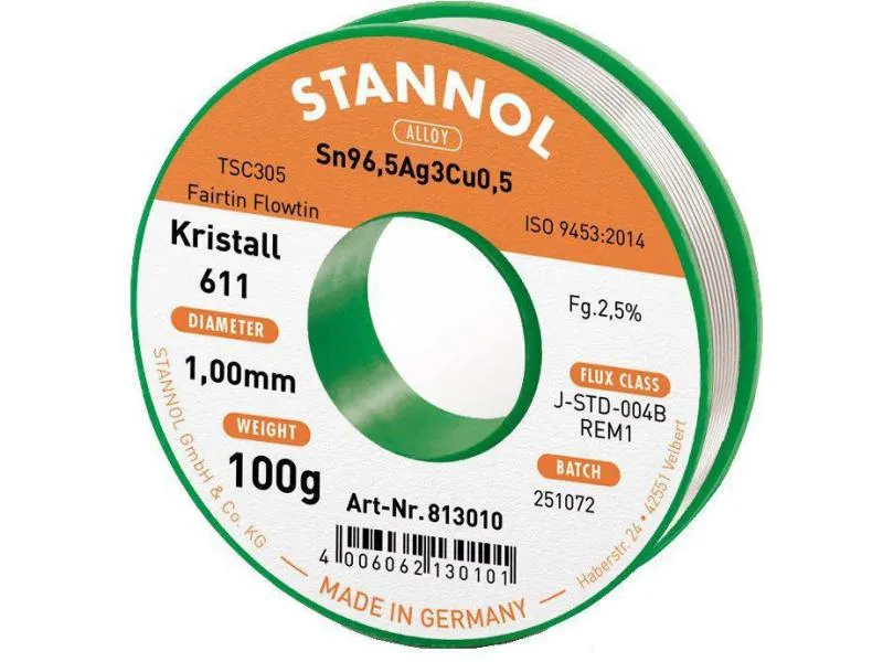 Stannol Lötzinn Kristall 611 TSC Ø 1.0 mm 100 g Stannol Lötzinn Kristall 611 TSC Ø 1.0 mm 100 g