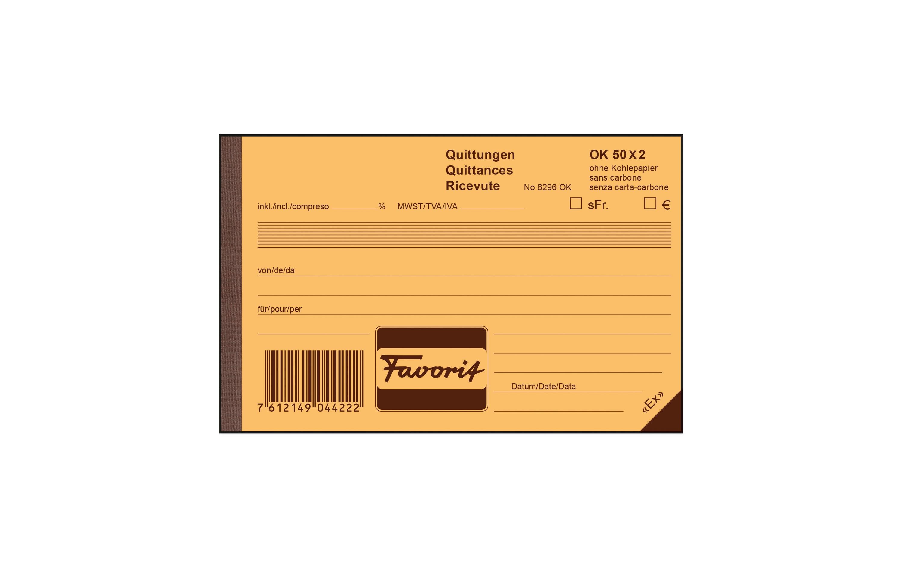 Favorit Durchschreibebuch A6 Quittungen, D/F/I, 50 x 2 Blatt