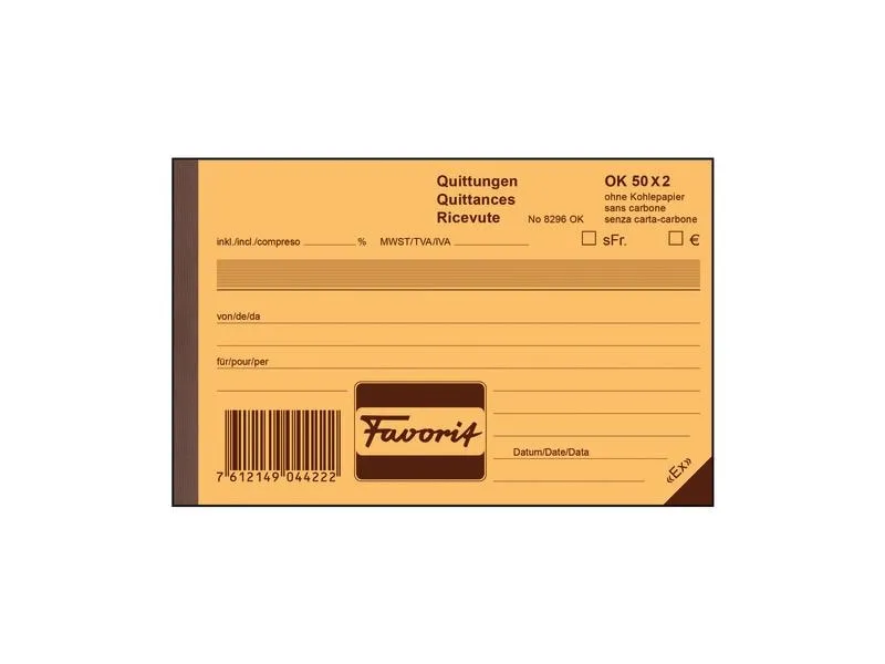Favorit Durchschreibebuch A6 Quittungen, D/F/I, 50 x 2 Blatt Favorit Durchschreibebuch A6 Quittungen, D/F/I, 50 x 2 Blatt