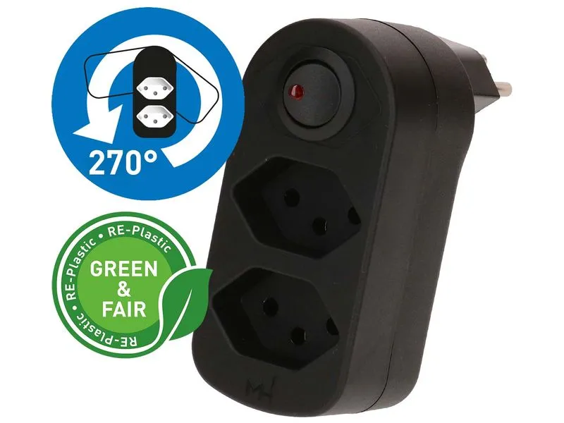 Max Hauri Mehrfachstecker ADAPT 2x Typ 13 drehbar Schalter Green+Fair