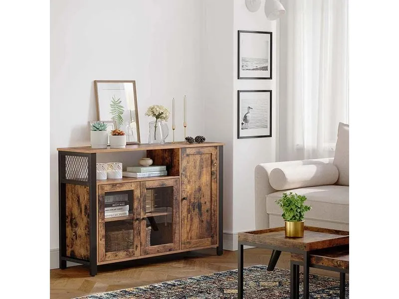 VASAGLE Sideboard mit 3 Türen 110 x 75 cm, Braun/Schwarz