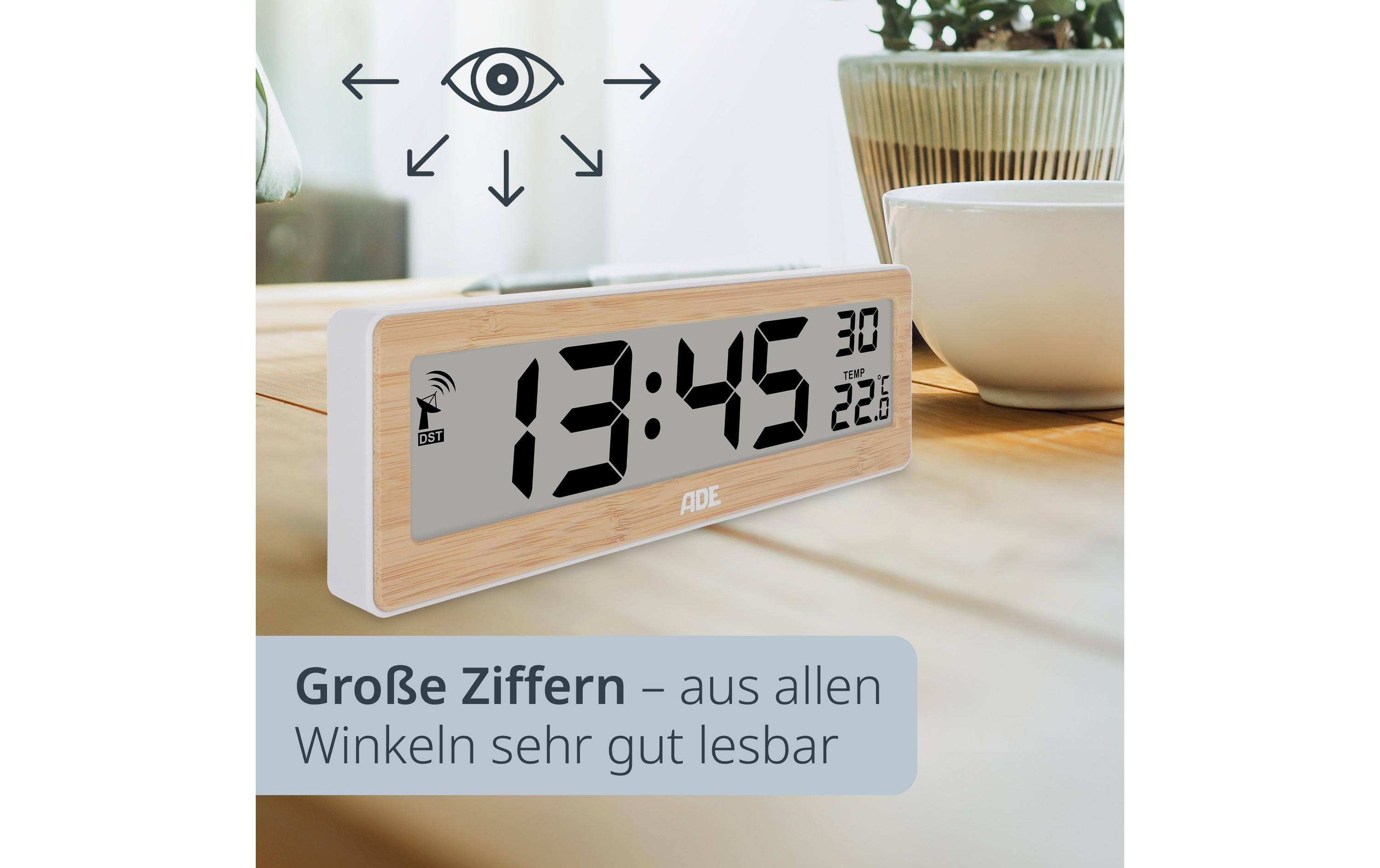 ADE Funkuhr DCF mit XXL-Ziffern digital Bambus-Weiss