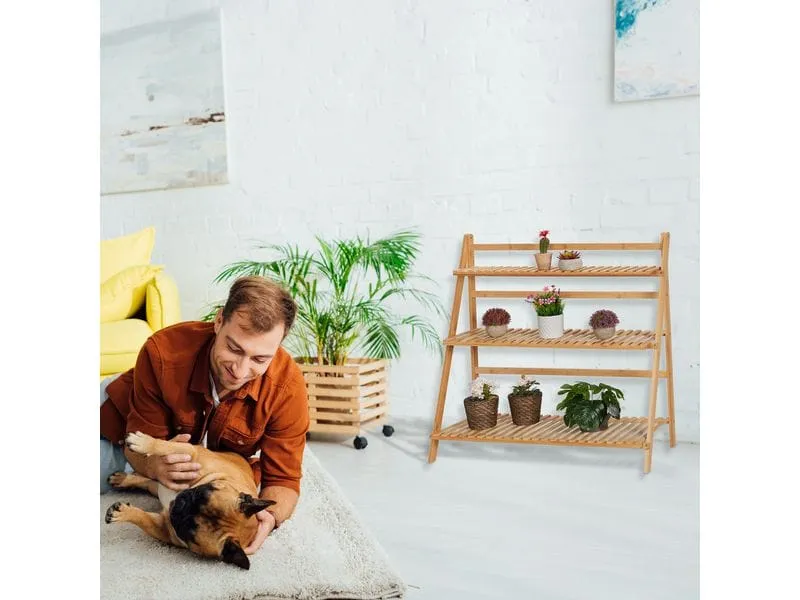 relaxdays Pflanzentreppe Bambus 3 Ebenen klappbar 96 x 99.5 x 37 cm