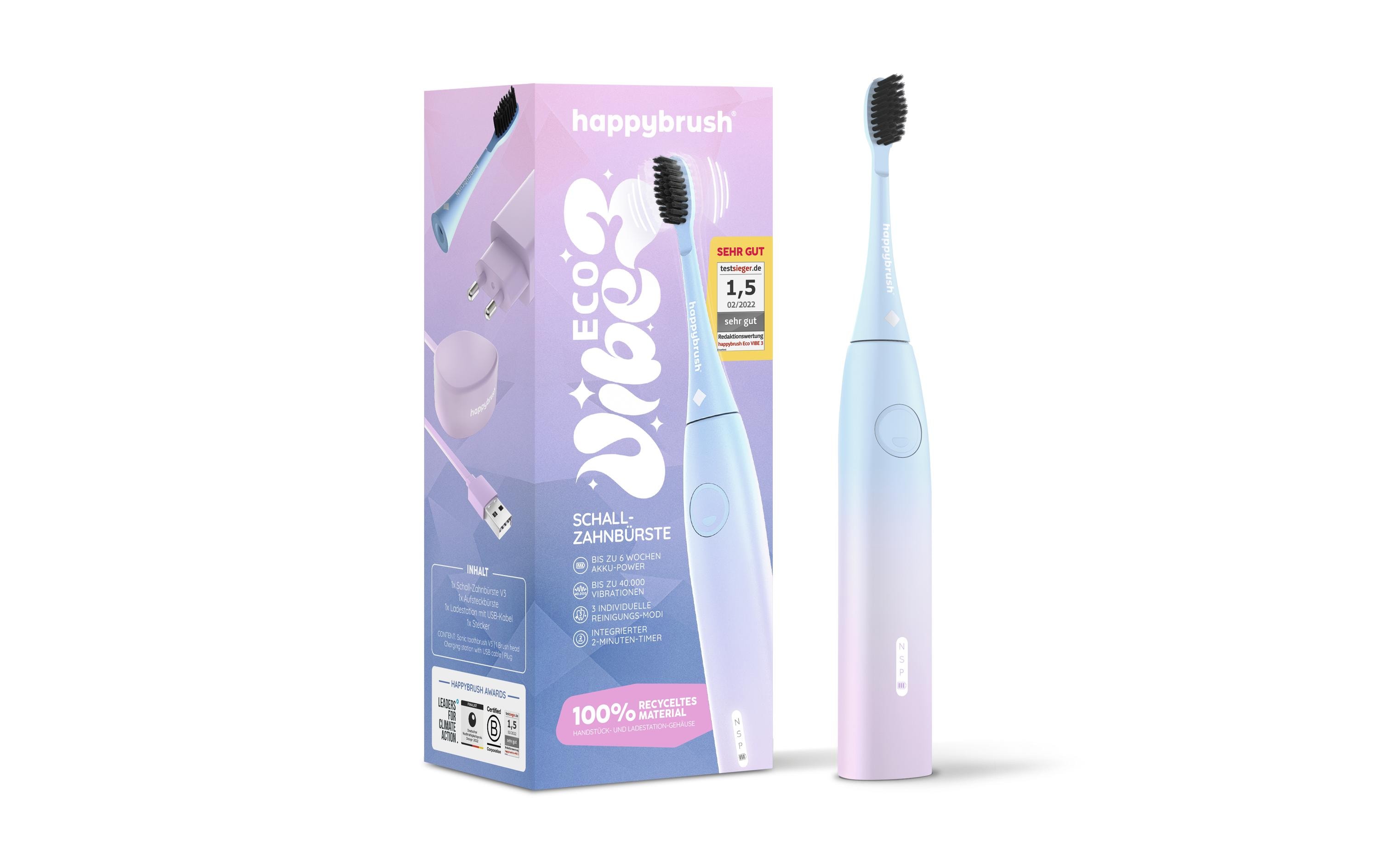happybrush Schallzahnbürste StarterKit Eco Vibe 3 Sunrise