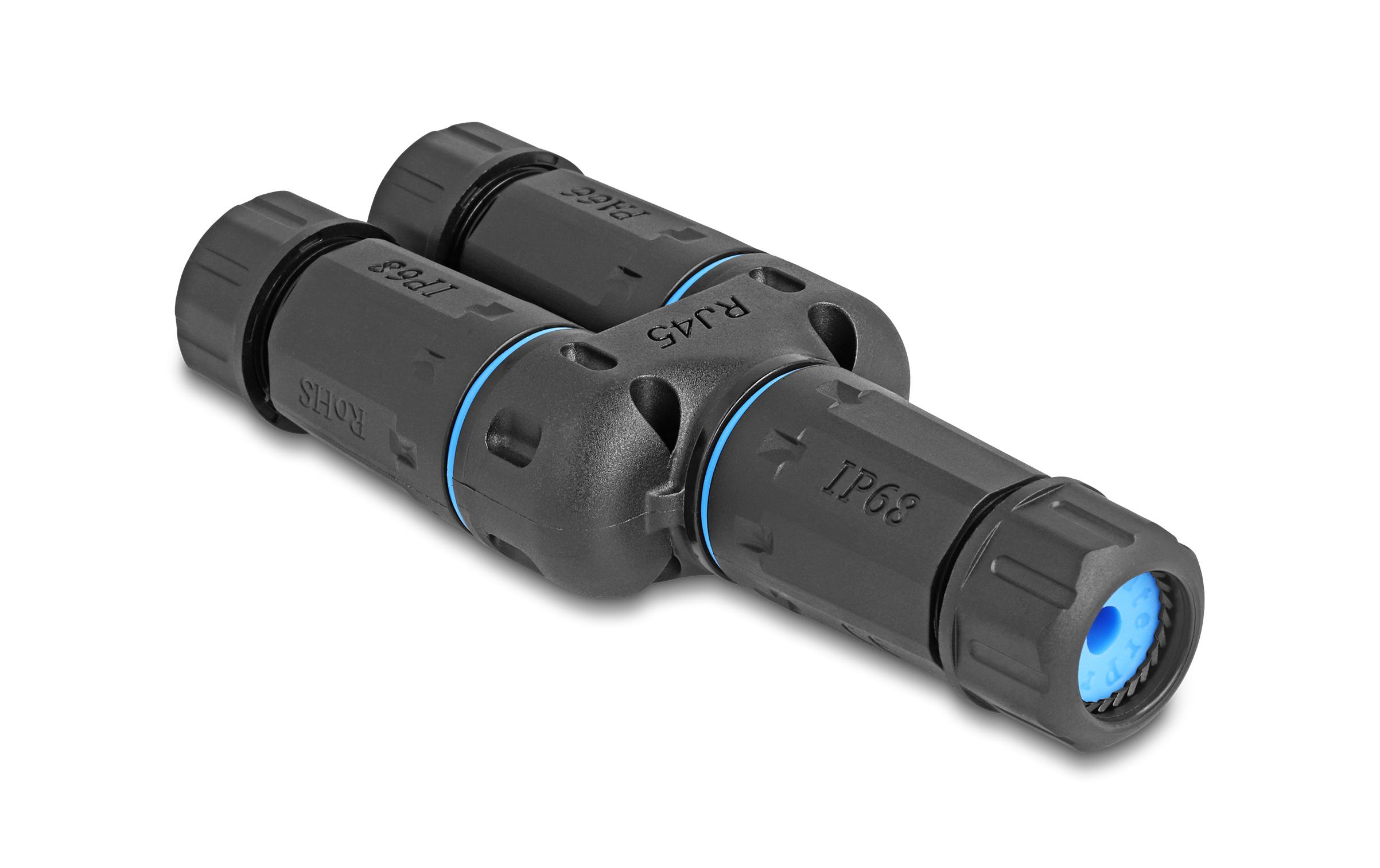 Delock Kupplung RJ45 zu 2x RJ45, Cat.6A, wasserfest, 1 Stück Delock Kupplung RJ45 zu 2x RJ45, Cat.6A, wasserfest, 1 Stück