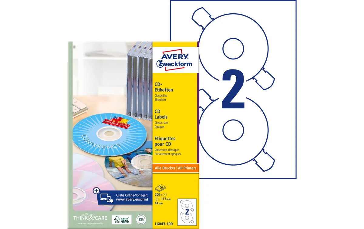 Avery Zweckform CD-Etiketten L6043-100 Ø 117 mm Avery Zweckform CD-Etiketten L6043-100 Ø 117 mm