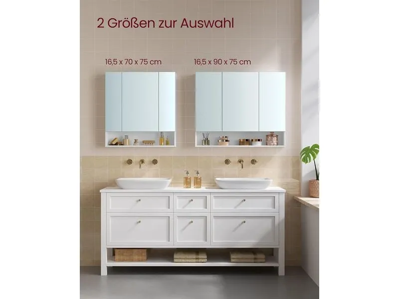 VASAGLE Spiegelschrank Weiss, 90 x 16.5 x 75 cm