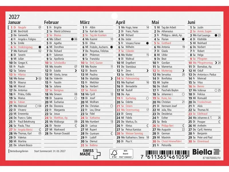 Biella Tafelkalender Karton weiss rot 16.5 x 11.5 cm