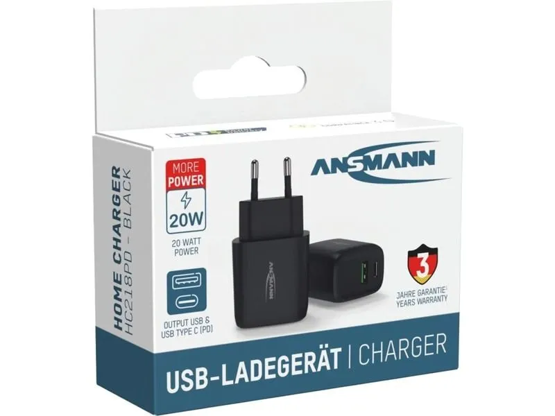 Ansmann USB-Wandladegerät Home Charger HC218PD, 18 W, Schwarz Ansmann USB-Wandladegerät Home Charger HC218PD, 18 W, Schwarz