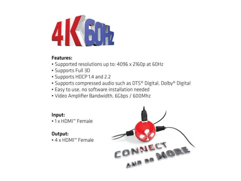 Club 3D 4-Port Signalsplitter HDMI 2.0 UHD Splitter 4 Port Club 3D 4-Port Signalsplitter HDMI 2.0 UHD Splitter 4 Port