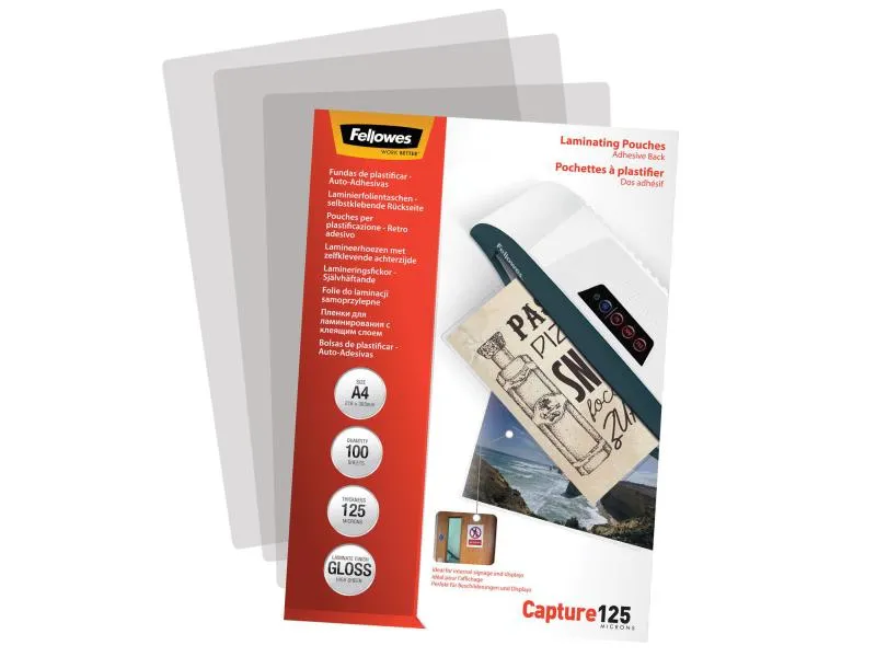 Fellowes Laminierfolie A4, 125 µm, 100 Stück, Glänzend, Selbstklebend Fellowes Laminierfolie A4, 125 µm, 100 Stück, Glänzend, Selbstklebend