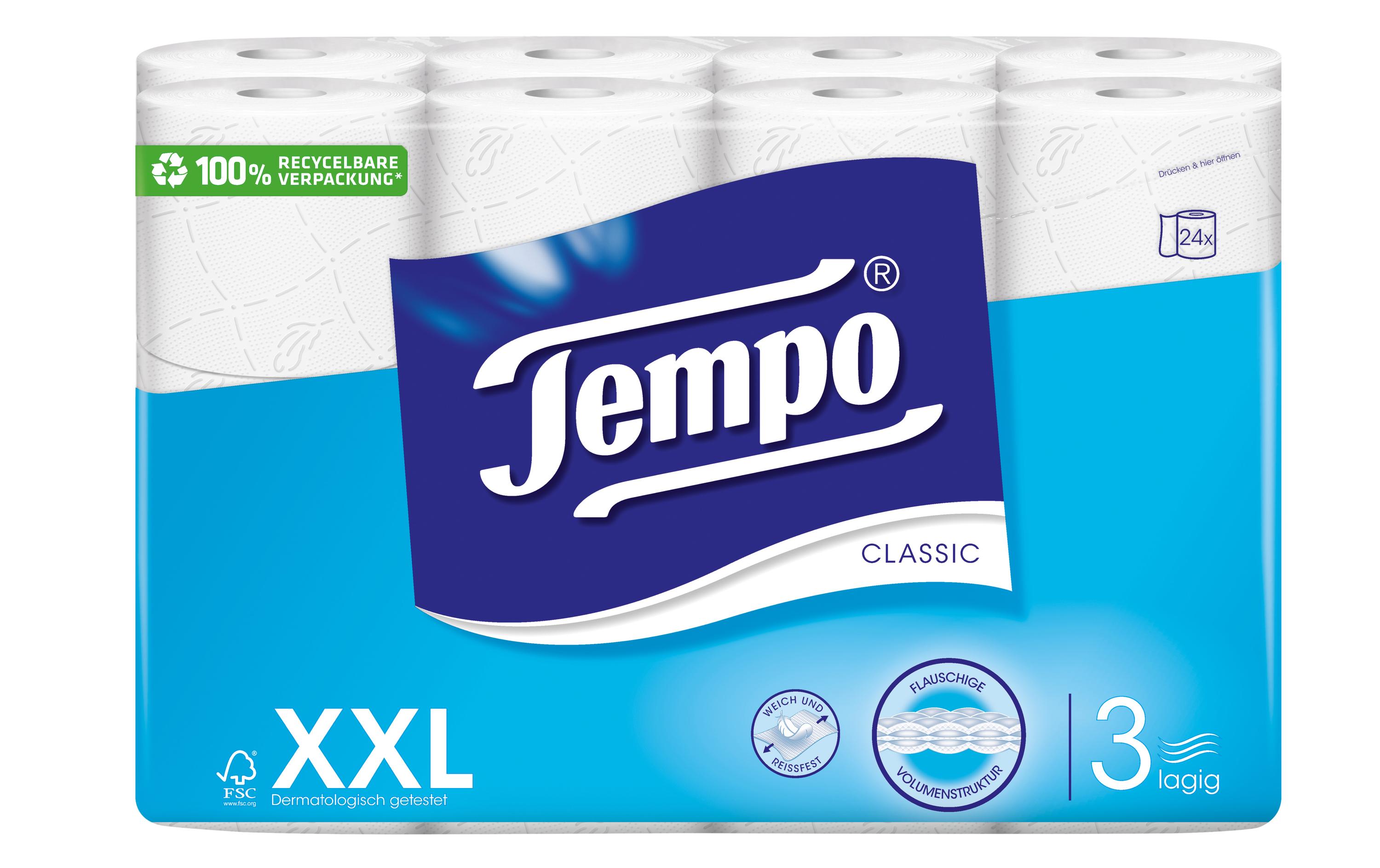 Tempo Toilettenpapier Classic 24 Rollen, 3-lagig, Weiss