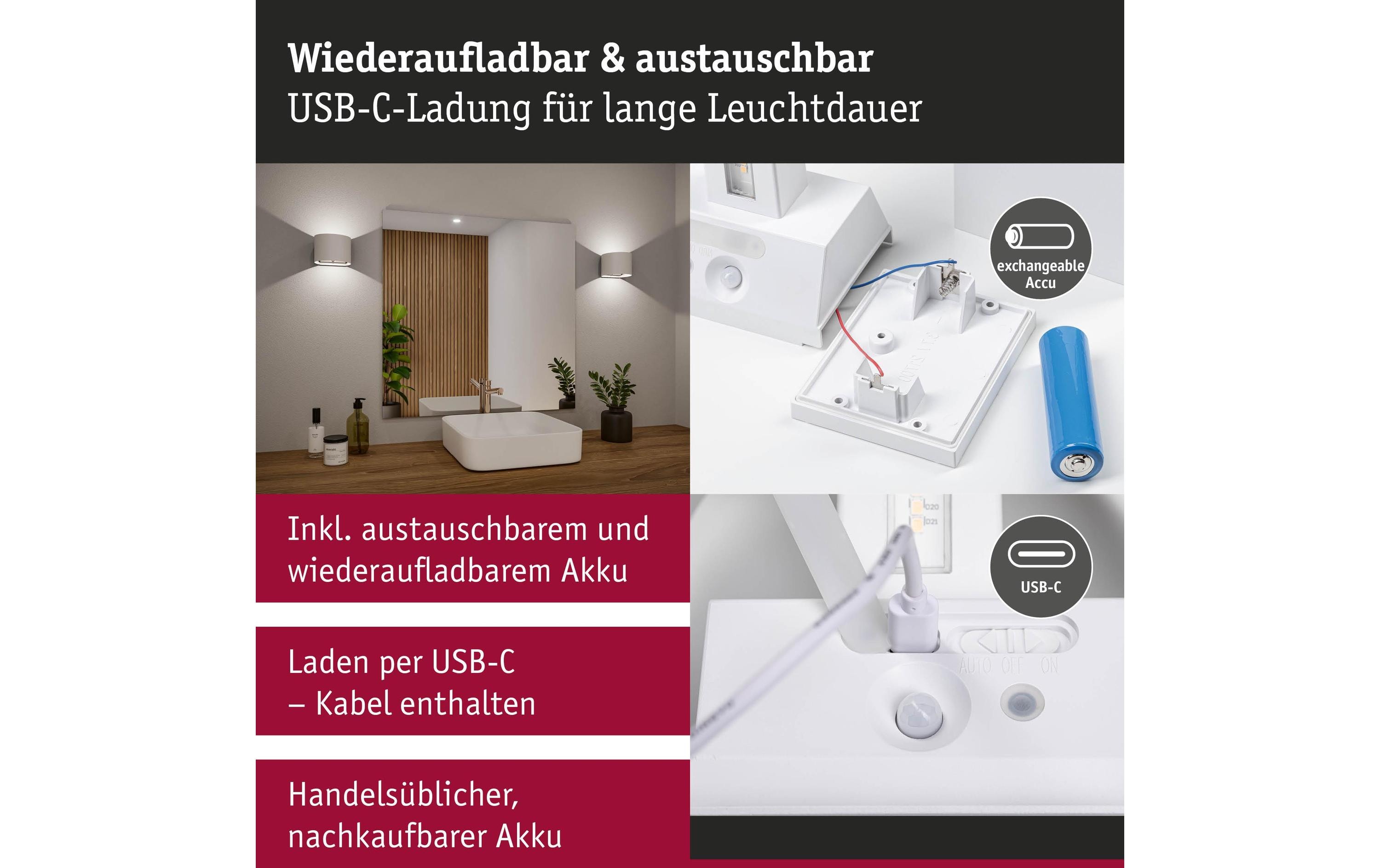 Paulmann Akkuwandleuchte Nyora IP44, Weiss
