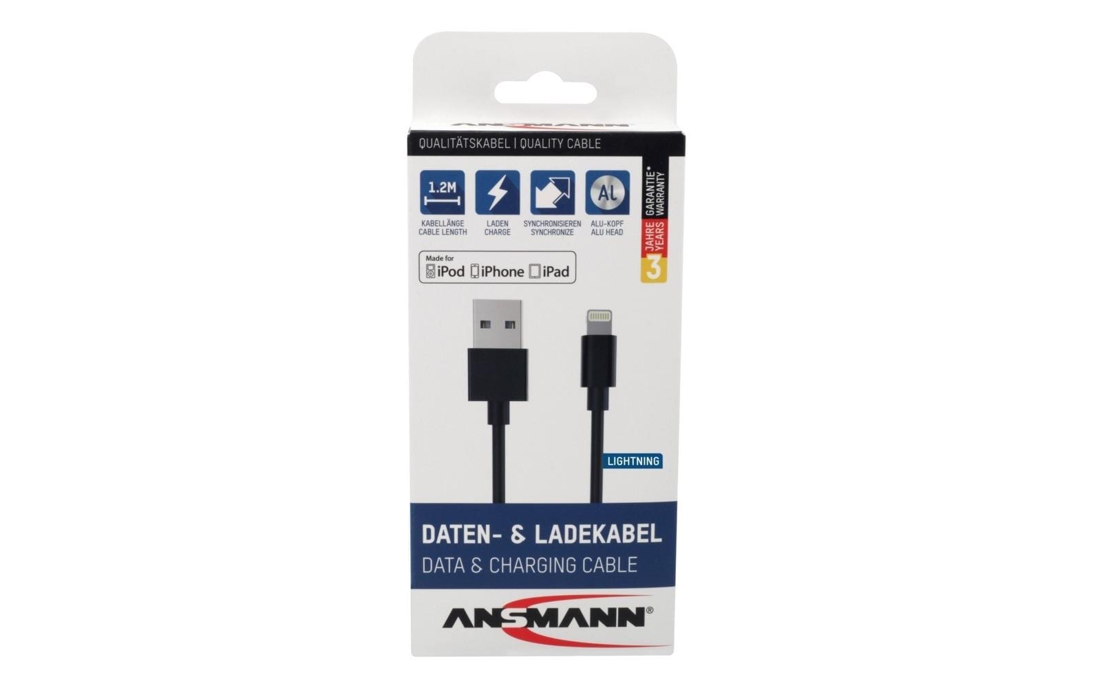Ansmann USB 2.0-Kabel für iPhone, iPad, USB A - Lightning 1.2 m