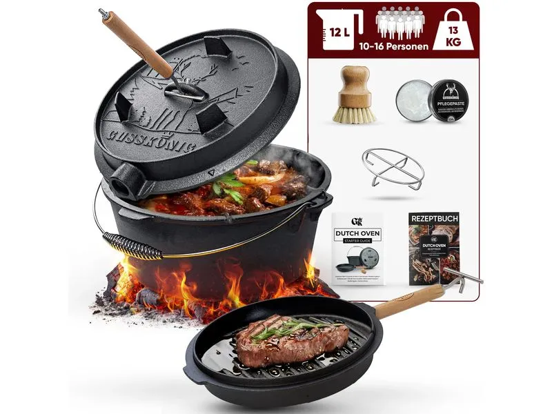 Gusskoenig Dutch Oven Set 12 l mit 2in1 Deckelheber ohne Füsse Gusskoenig Dutch Oven Set 12 l mit 2in1 Deckelheber ohne Füsse