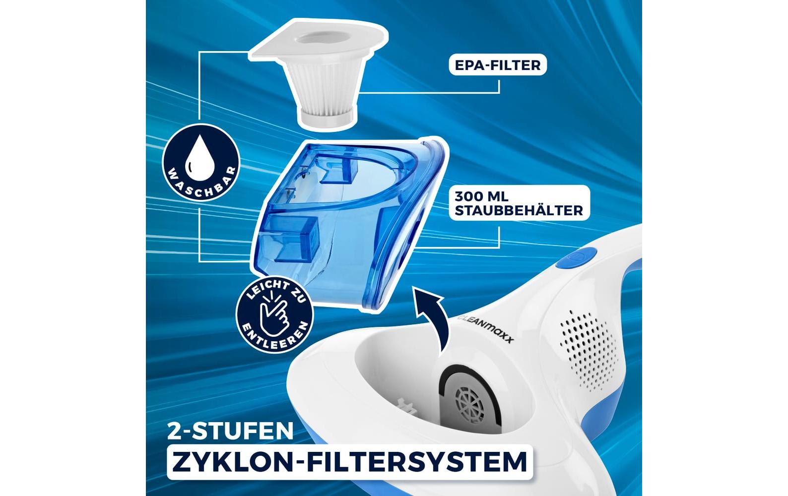 CLEANmaxx Milben-Handstaubsauger mit UV-C-Licht 300W Blau/Weiss