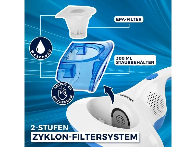 CLEANmaxx Milben-Handstaubsauger mit UV-C-Licht 300W Blau/Weiss CLEANmaxx Milben-Handstaubsauger mit UV-C-Licht 300W Blau/Weiss
