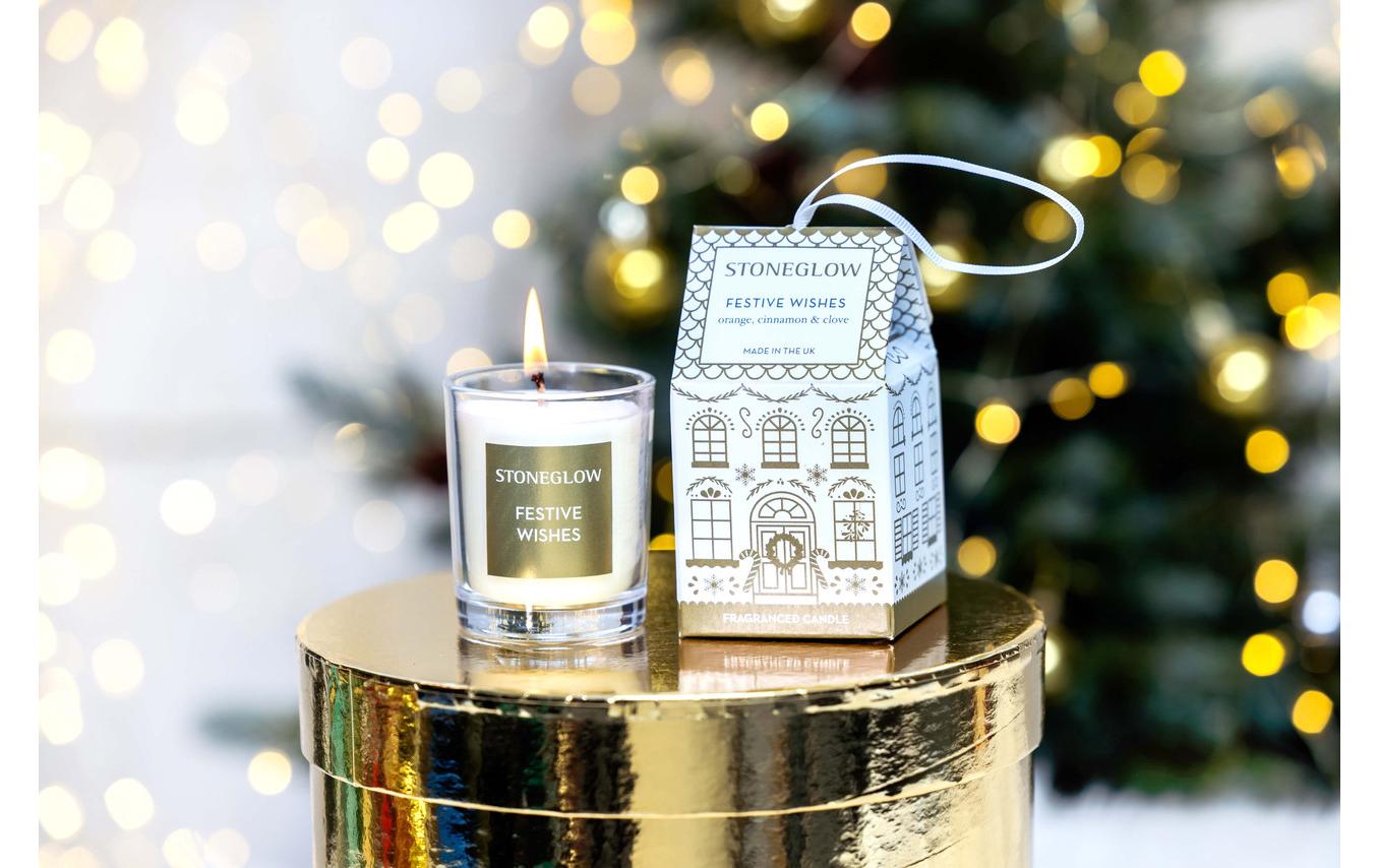 Stoneglow Weihnachtskerze Festive Wishes Gold/Weiss