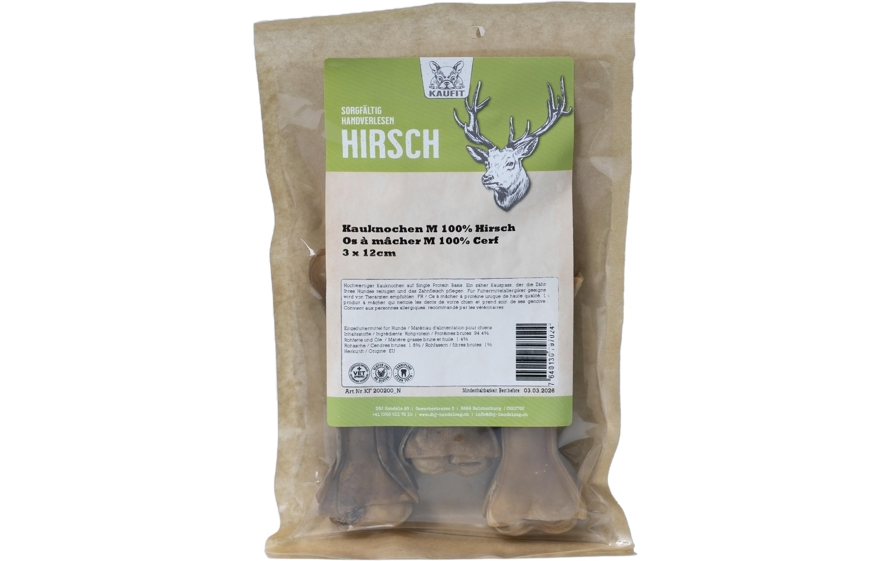 Kaufit Kauknochen Hirsch, 12 cm, 165 g, 3 Stück