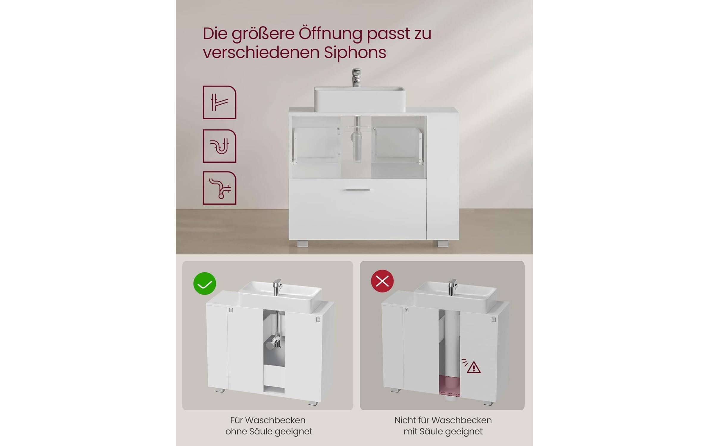 VASAGLE Waschbeckenunterschrank mit Fächern 80 x 64 cm, Weiss
