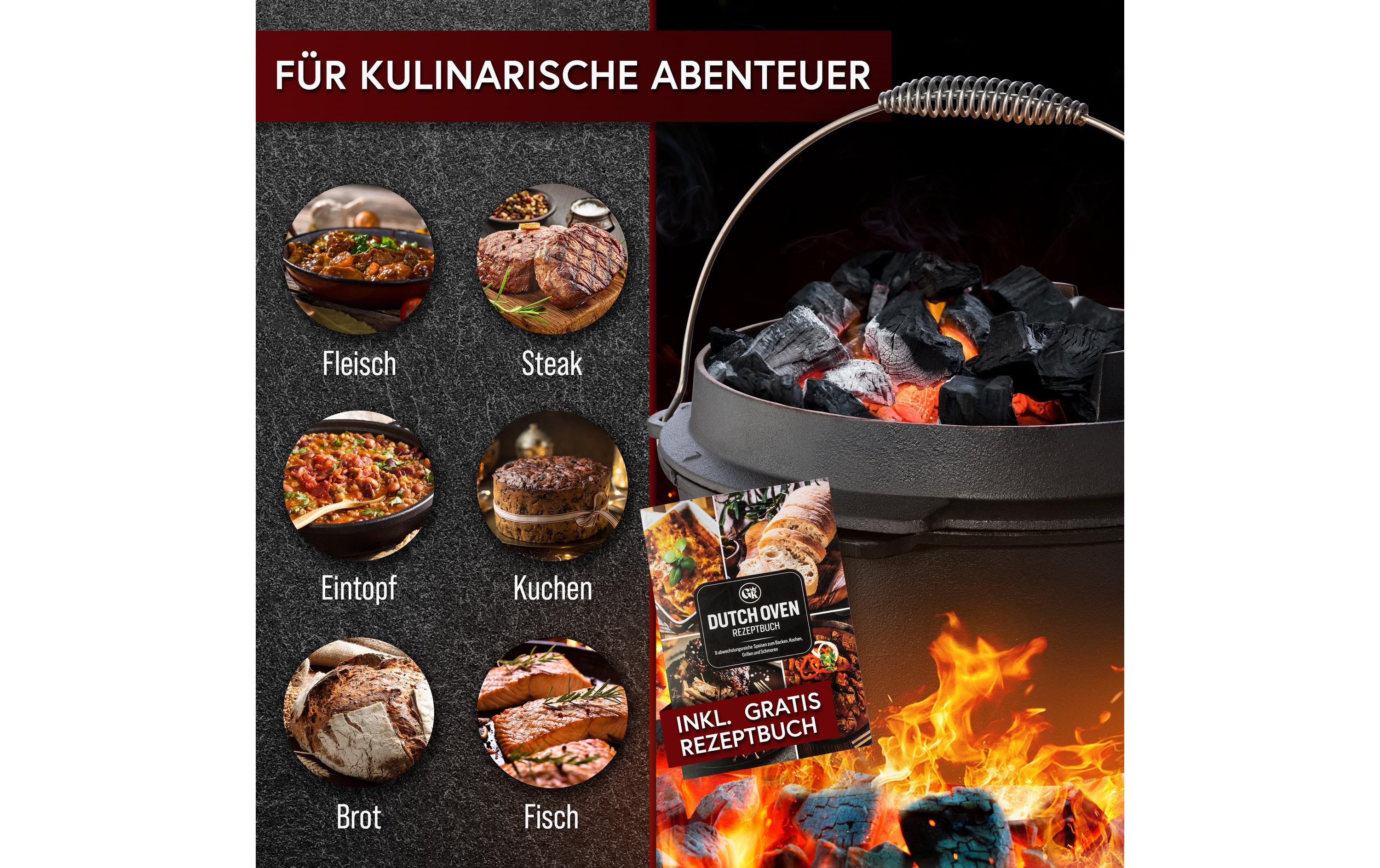 Gusskoenig Dutch Oven Set 4.5 l mit Heber, Bürste, Untersetzer